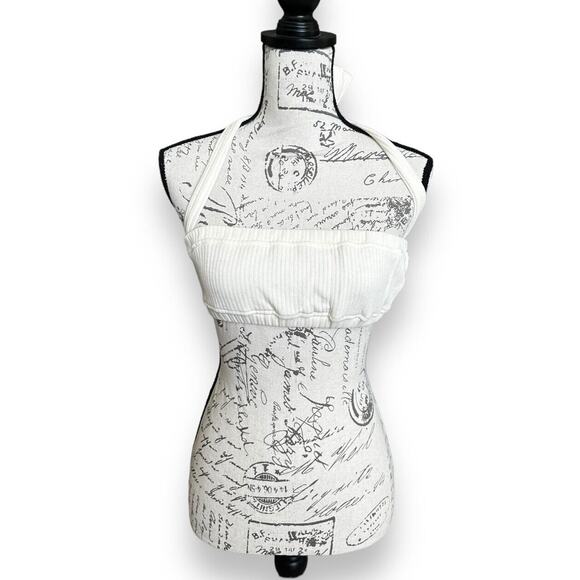 New WeWoreWhat Women's Tie Halter Bra Top Wide Rib Ivory Summertime XS - Picture 3 of 6